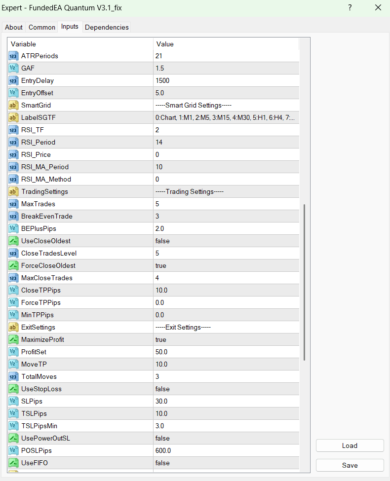 FundedEA Quantum strategy inputs with smart grid and news filter settings