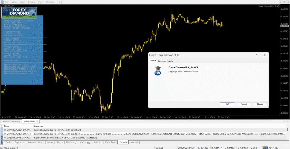 Forex Diamond EA v6.5 running on GBPUSD M15 chart in MetaTrader 4