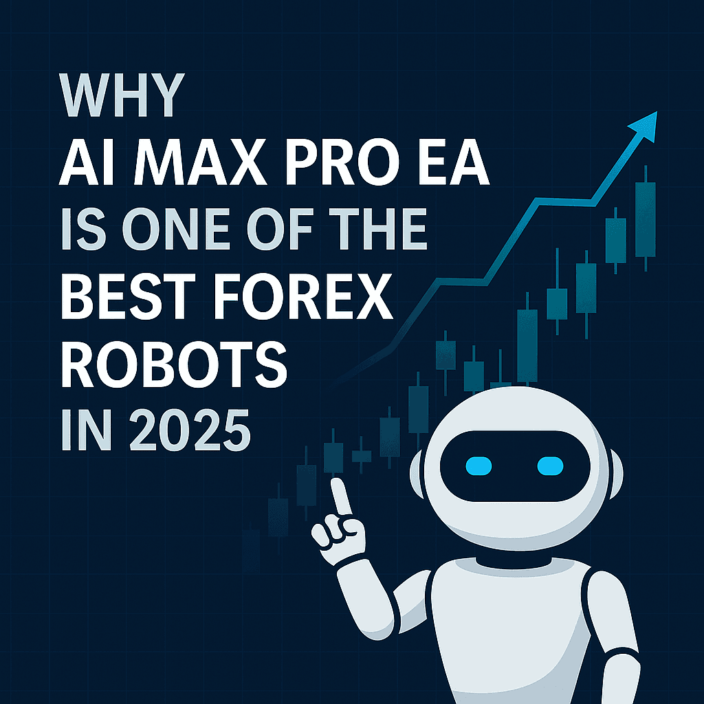 AI Max Pro EA promotional graphic showing MT4 dashboard, AI trading robot, and rising financial chart – highlighting its status as one of the best Forex robots in 2025