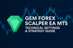 Gem Forex Scalper EA MT5 featuring a green gem icon and candlestick chart background, highlighting technical settings and strategy guide for forex scalping