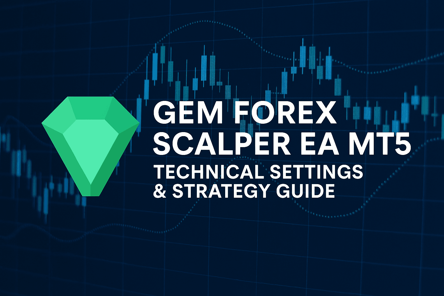 Gem Forex Scalper EA MT5 featuring a green gem icon and candlestick chart background, highlighting technical settings and strategy guide for forex scalping