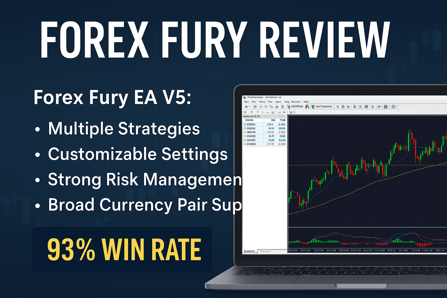 Forex Fury EA V5 review banner featuring trading graphs, MT4 interface screenshots, and automation icons representing forex strategies