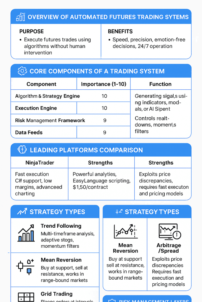 Infographic summarizing key aspects of automated futures trading systems, including their purpose, benefits, core components, leading platforms, strategy types, and multi-layered risk management. Features icons, tables, and color-coded sections for improved readability and visual engagement