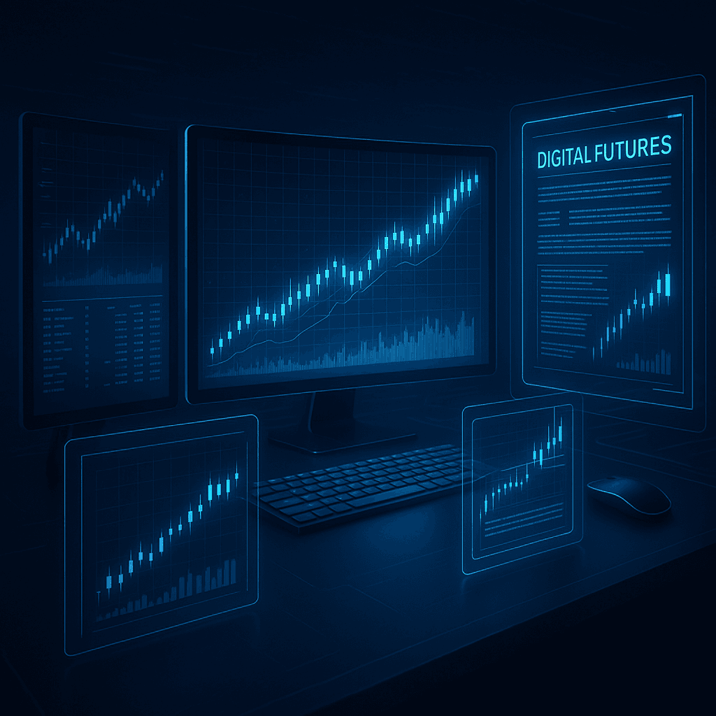 Futuristic trading workstation with digital charts and algorithm visualizations, illustrating automated futures trading systems managing cryptocurrency and traditional assets through advanced risk management and trend-following strategies.