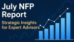 NFP breakout EA strategy visual showing July jobs data with bar chart, line graph, and trading indicators for Expert Advisor optimization