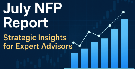 NFP breakout EA strategy visual showing July jobs data with bar chart, line graph, and trading indicators for Expert Advisor optimization