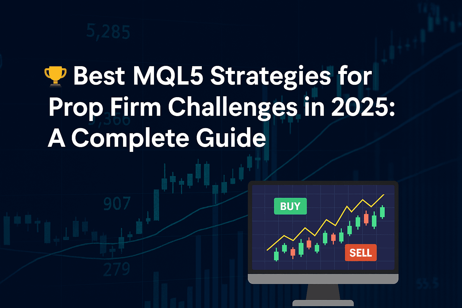 : Featured image for “Best MQL5 Strategies for Prop Firm Challenges in 2025” showing a trading dashboard with candlestick charts, buy/sell signals, and a trophy icon symbolizing success in automated forex trading
