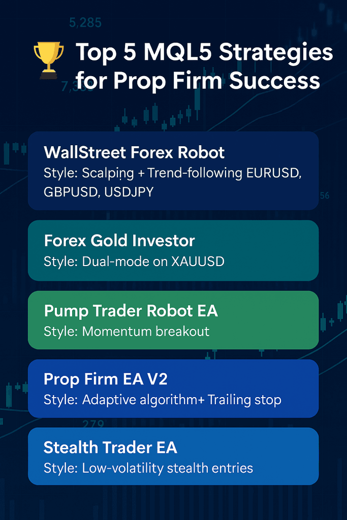 Infographic showing top 5 MQL5 Expert Advisors for passing prop firm challenges, including WallStreet Forex Robot and Forex Gold Investor.