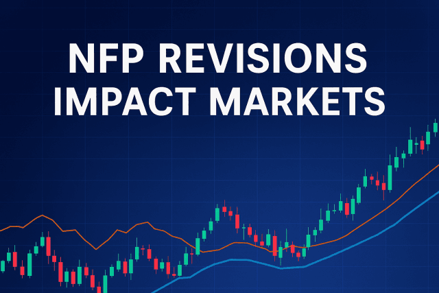 Financial chart with candlesticks and line graphs illustrating market impact of NFP revisions
