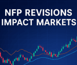 Financial chart with candlesticks and line graphs illustrating market impact of NFP revisions