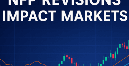 Financial chart with candlesticks and line graphs illustrating market impact of NFP revisions