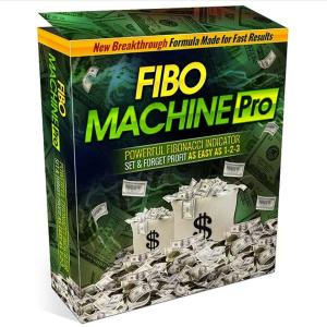 Screenshot of FIBO Machine Pro Forex Indicator showing Smart Fibonacci Levels and trade signals on MT4 chart