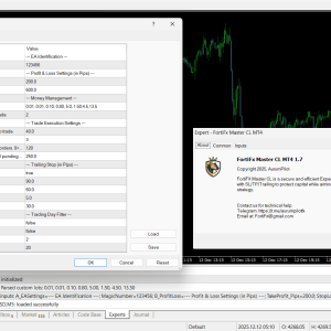 Screenshot of FortiFx Master CL MT4 Expert Advisor interface for automated gold trading.