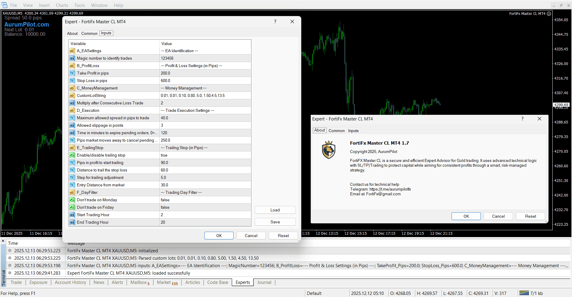 Home 6 Screenshot of FortiFx Master CL MT4 Expert Advisor interface for automated gold trading.