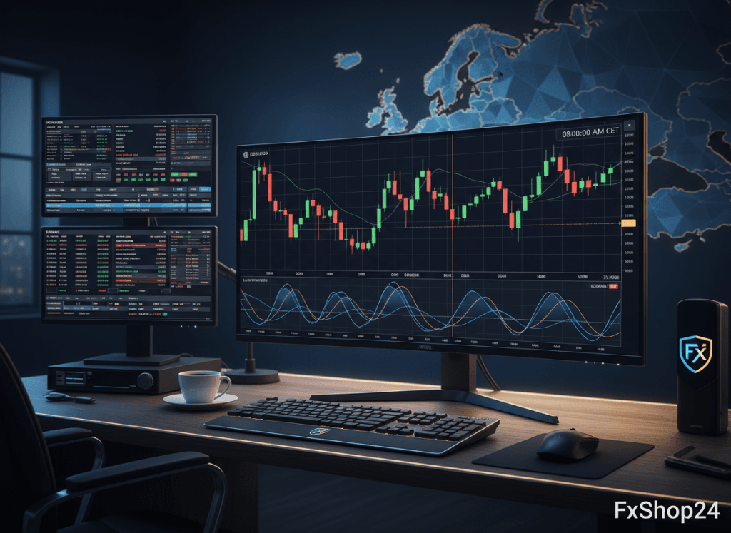 Home 41 European forex trading session chart showing EUR/USD price movement during London and Frankfurt market hours with trading terminal and clock displaying 9 AM