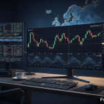 European forex trading session chart showing EUR/USD price movement during London and Frankfurt market hours with trading terminal and clock displaying 9 AM