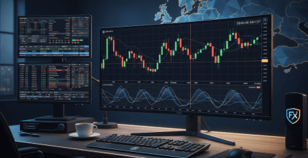 European forex trading session chart showing EUR/USD price movement during London and Frankfurt market hours with trading terminal and clock displaying 9 AM