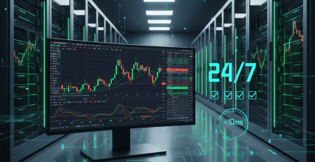 Best VPS for forex trading setup showing MetaTrader 5 dashboard with live trading charts, 24/7 uptime monitoring, and low latency server infrastructure