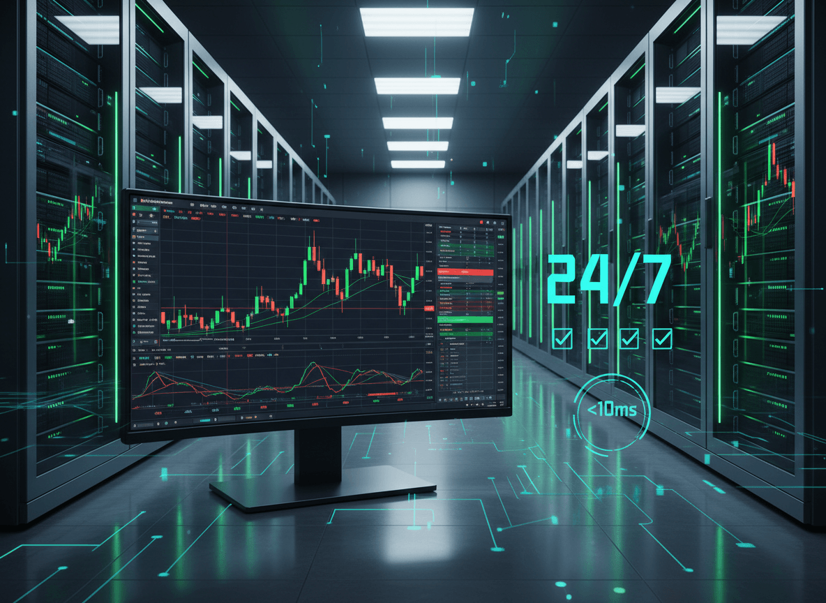 Best VPS for forex trading setup showing MetaTrader 5 dashboard with live trading charts, 24/7 uptime monitoring, and low latency server infrastructure