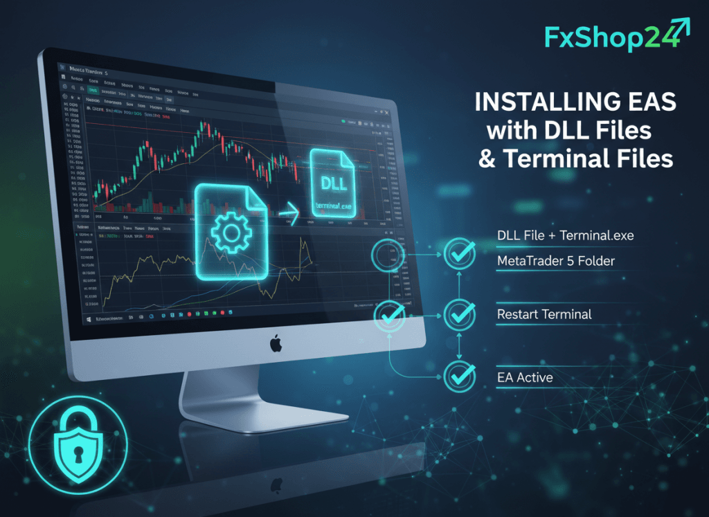 Home 41 Step-by-step guide showing how to install Expert Advisor with DLL files on MetaTrader 4 and MetaTrader 5 platform with installation process visualization