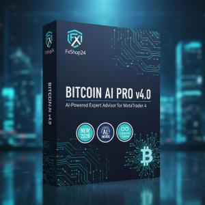 3D product box of BITCOIN AI PRO v4.0 by FxShop24, featuring AI-powered Bitcoin trading for MetaTrader 4, with badges for “NEW 2026”, “AI INSIDE”, and “Lifetime License”.