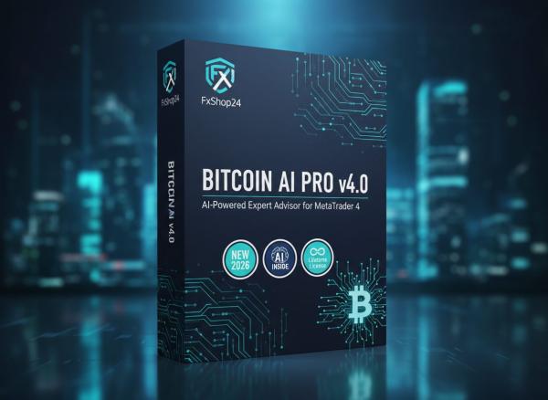 3D product box of BITCOIN AI PRO v4.0 by FxShop24, featuring AI-powered Bitcoin trading for MetaTrader 4, with badges for “NEW 2026”, “AI INSIDE”, and “Lifetime License”.