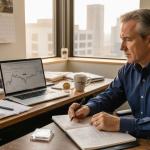 Man analyzing gold prices at office desk