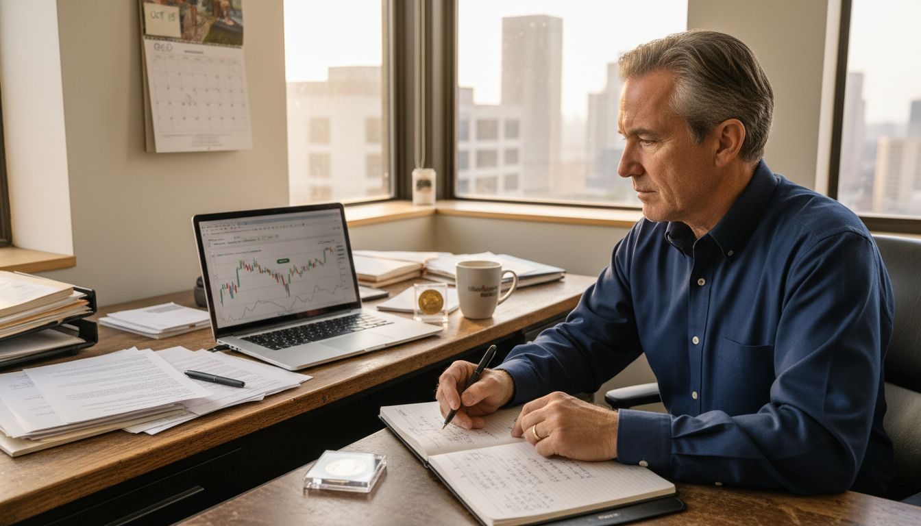 Man analyzing gold prices at office desk