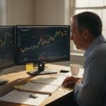 Trader at desk monitoring forex gold charts