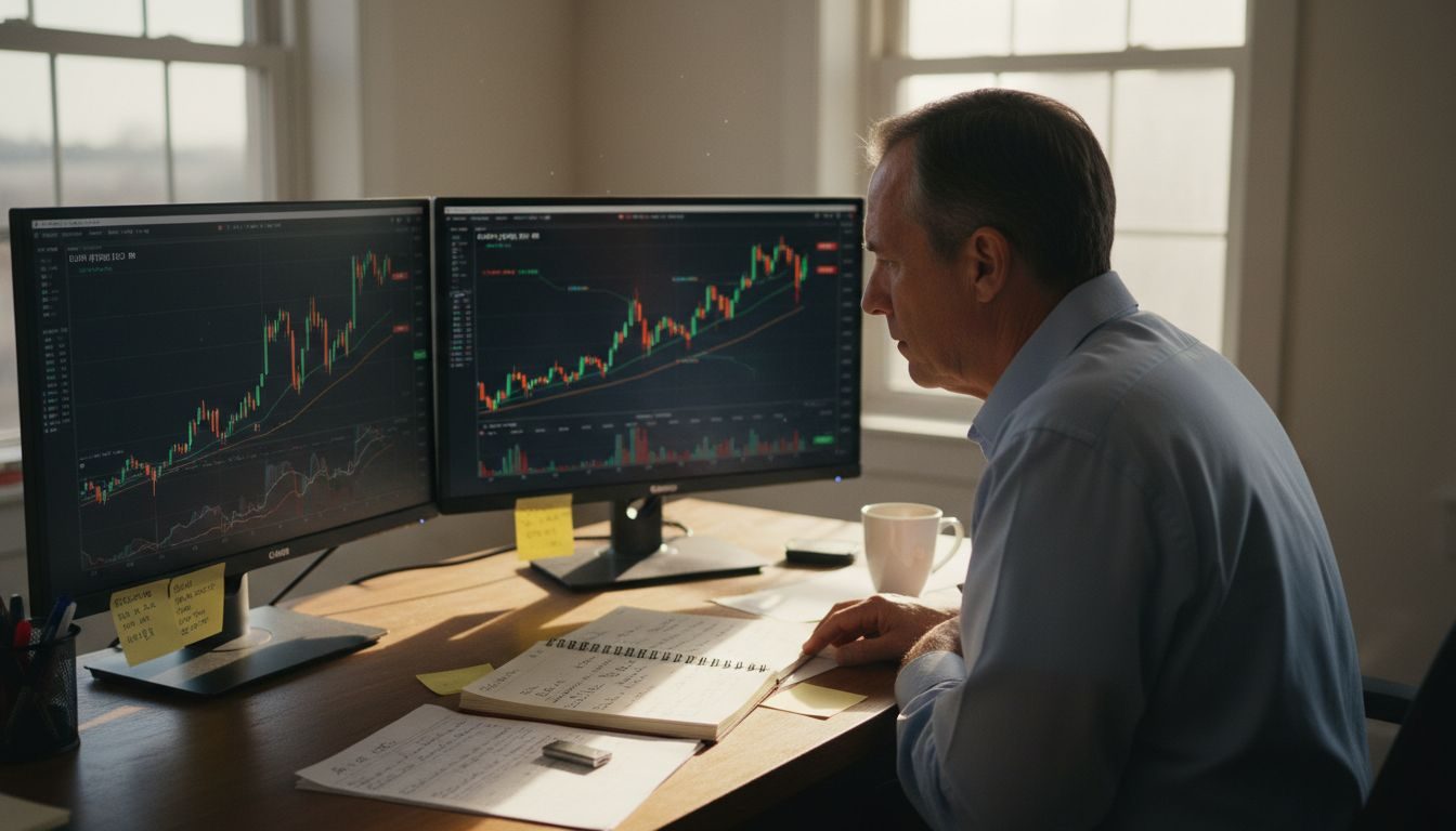 Trader at desk monitoring forex gold charts