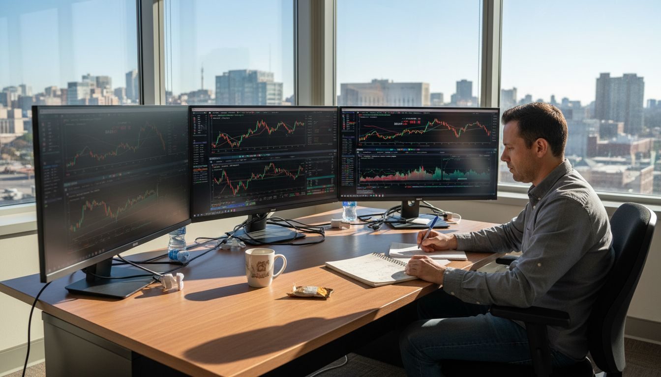 Trader monitoring automated systems on MetaTrader screens