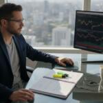 Trader at home office reviewing real-time charts