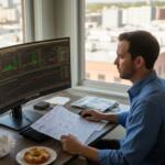 Forex trader reviewing robot dashboards at desk