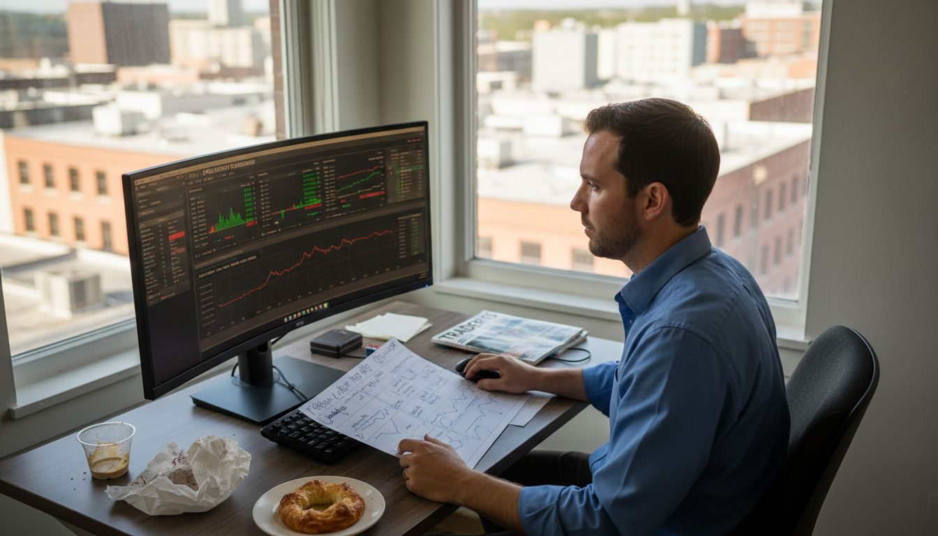 Forex trader reviewing robot dashboards at desk