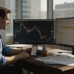 Forex trader at desk reviewing AI trading charts