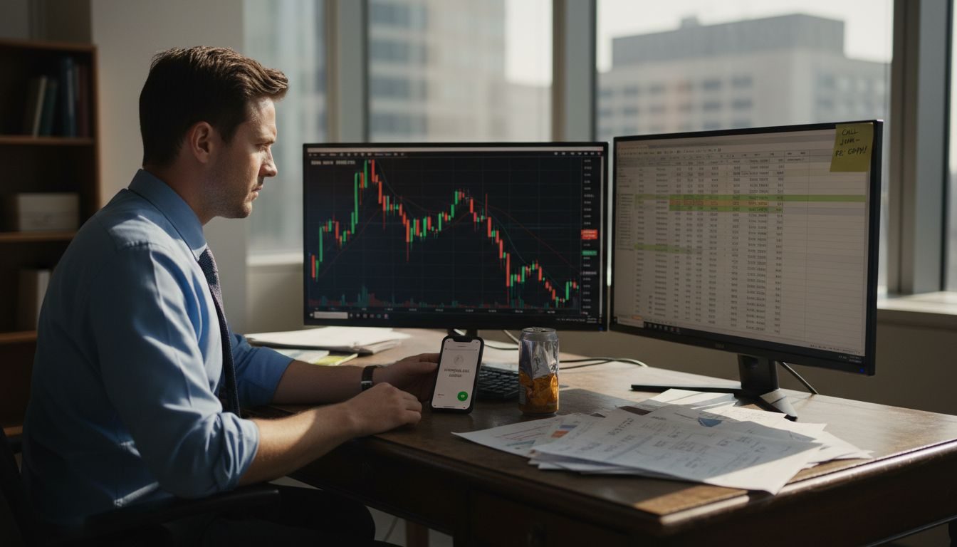 Forex trader at desk reviewing AI trading charts