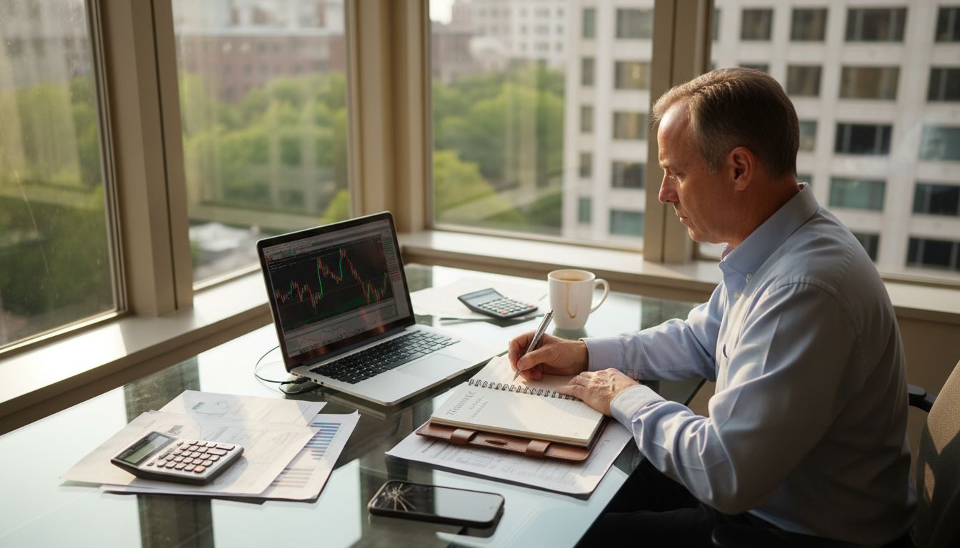 Trader building forex strategy at office desk