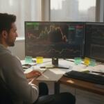 Forex trader at desk using AI trading software