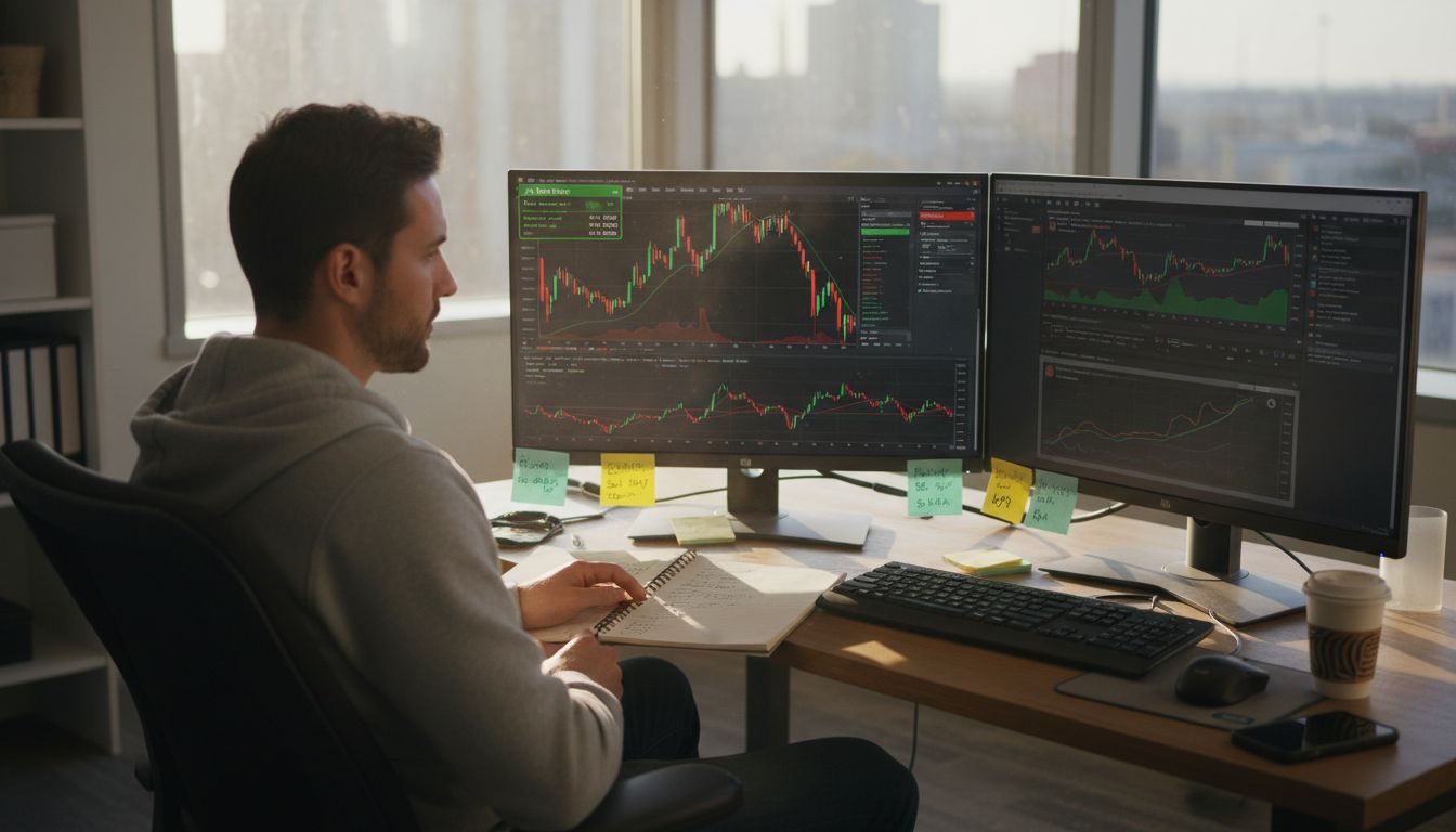 Forex trader at desk using AI trading software