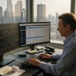 Trader configuring robot test in bright office