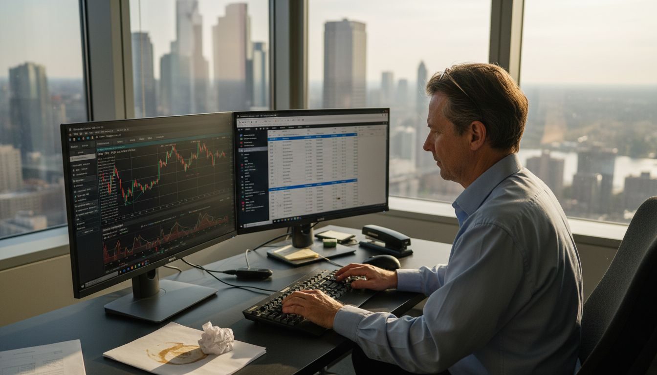 Trader configuring robot test in bright office