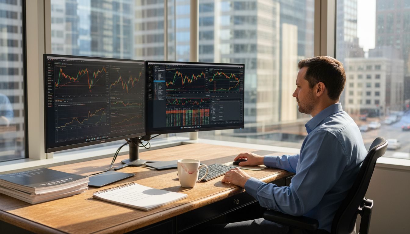 Trader reviews gold price charts in city office