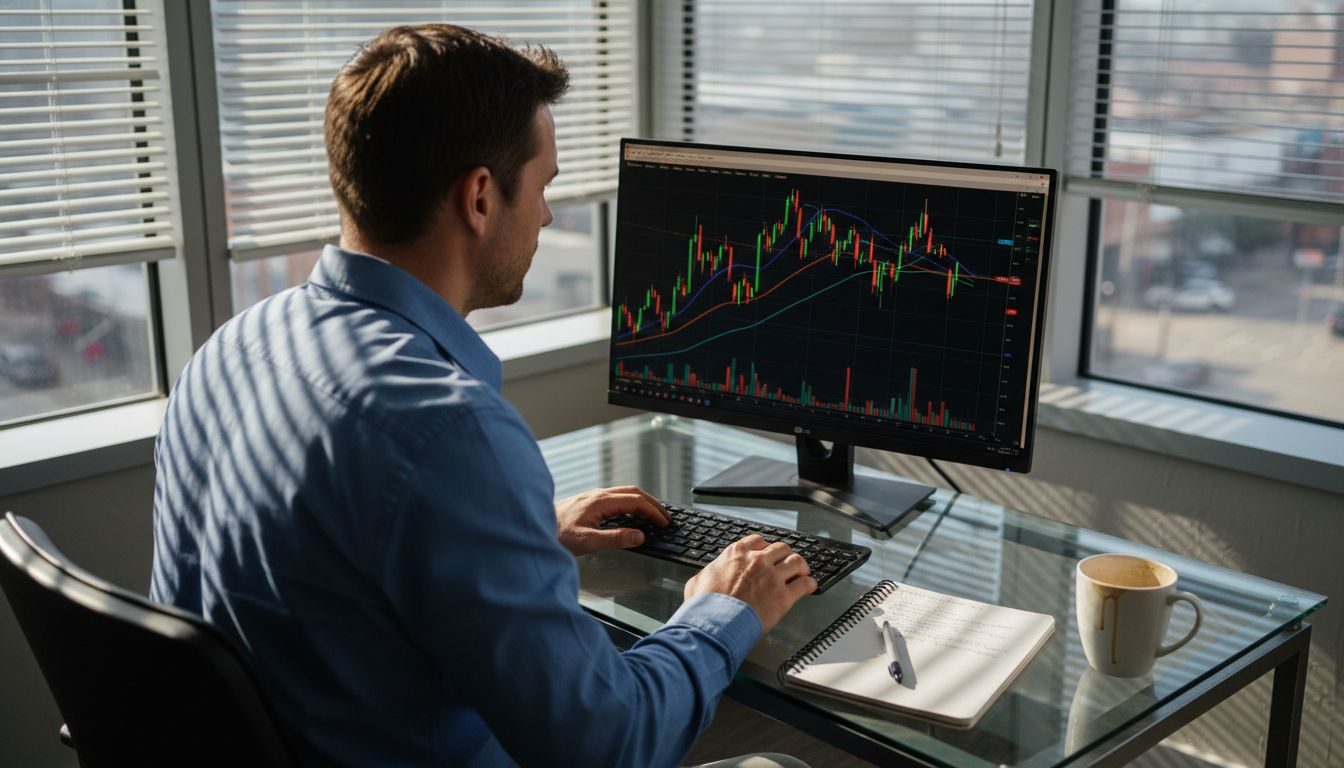 Trader analyzing MT4 chart and indicators