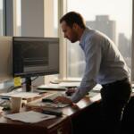 Trader stressed at corner office desk