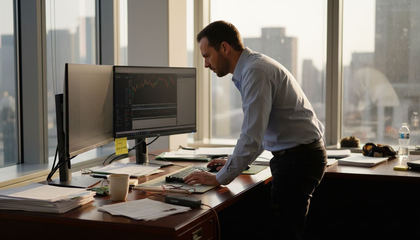 Trader stressed at corner office desk