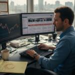 Manual forex trader entering order at desk