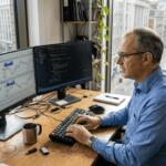 Trader using forex robot on cluttered desk