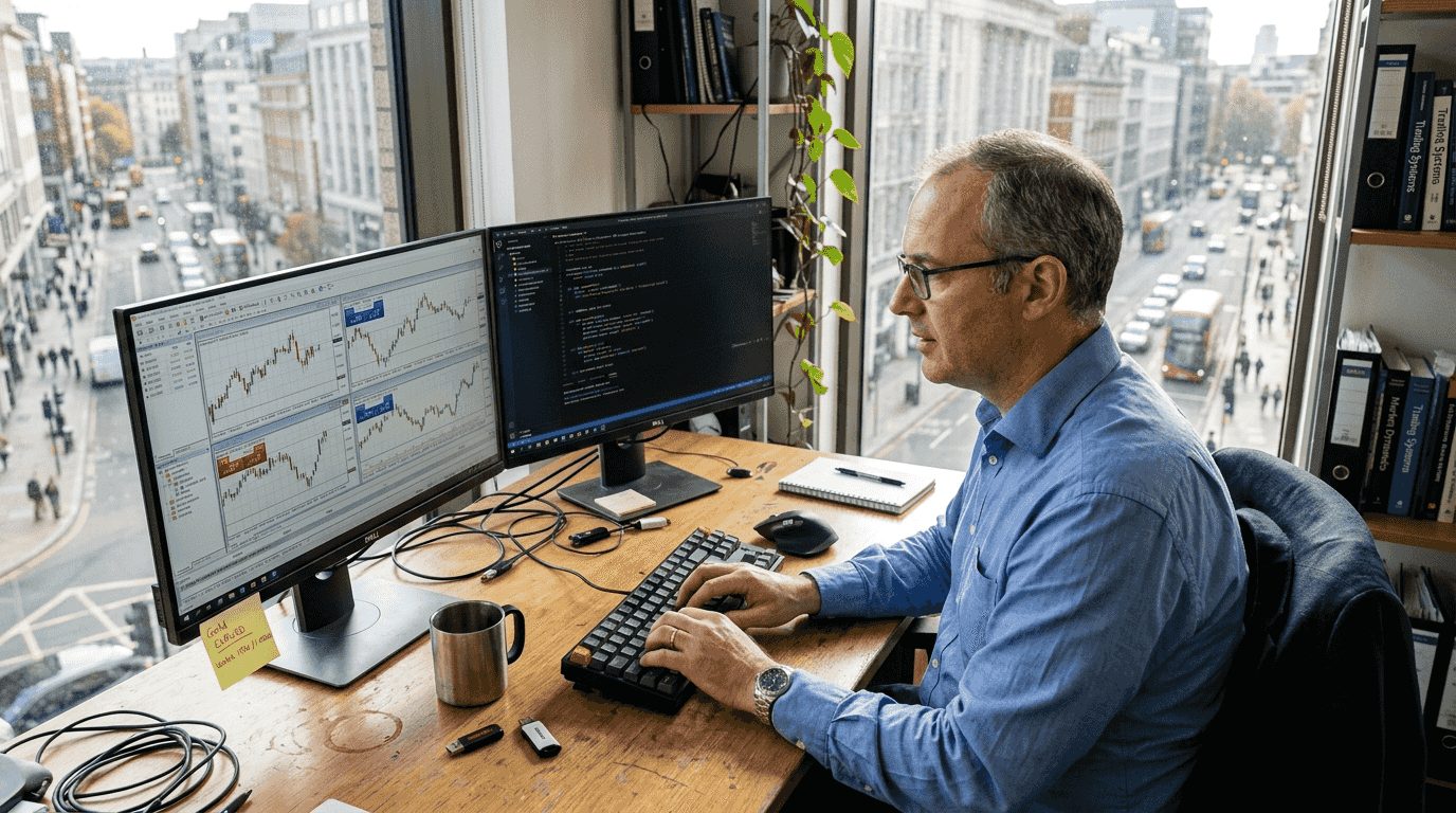 Trader using forex robot on cluttered desk