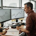 Trader analyzing forex and gold charts at desk