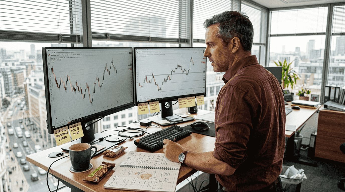 Trader analyzing forex and gold charts at desk